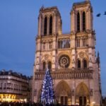 2017-12-16 18:21:43 epa06394144 An illuminated Christmas tree is erected in front of the Notre Dame Cathedral in Paris, France, 16 December 2017. After being cancelled in the past two years, since the November 2015 Paris attacks, the Notre-Dame cathedral forecourt is decorated with a Christmas tree again.  EPA/CHRISTOPHE PETIT TESSON